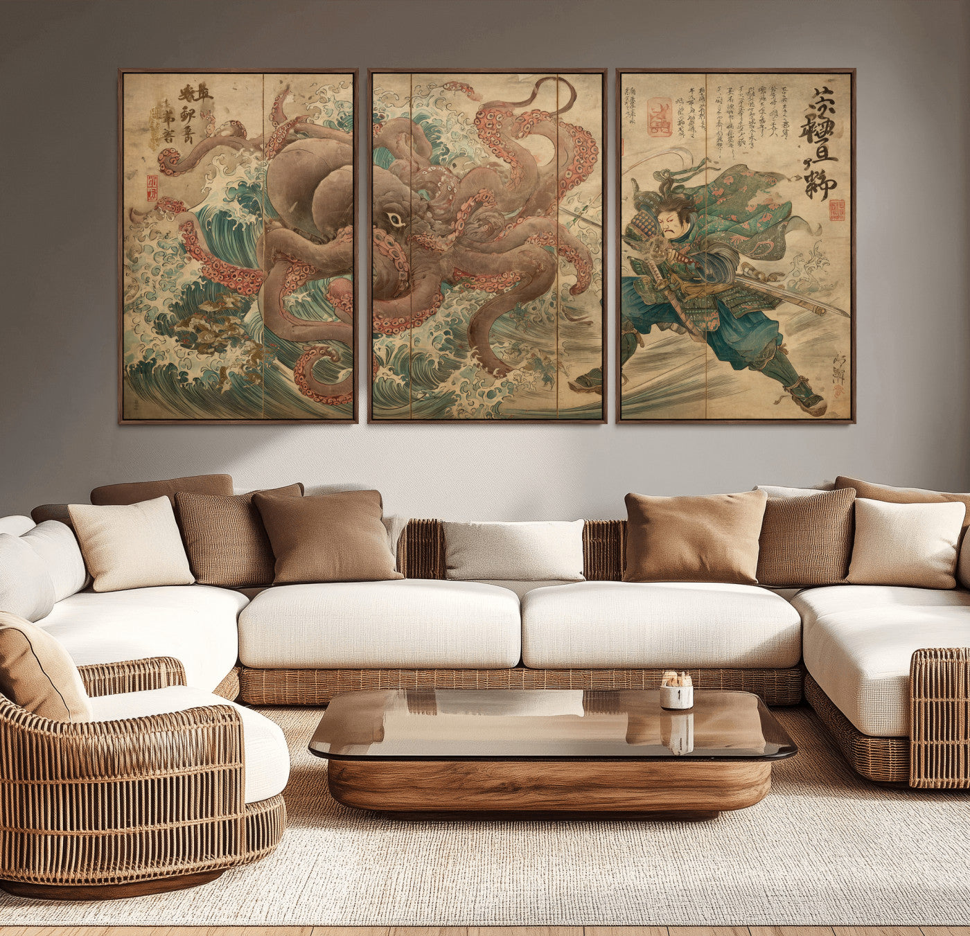63782167-MGV-CV-36X24-Tsukioka Yoshitoshi Samurai Wall Art Print, Japanese Katana Warrior Canvas Wall Art, Octopus Sea Monster Canvas Print,