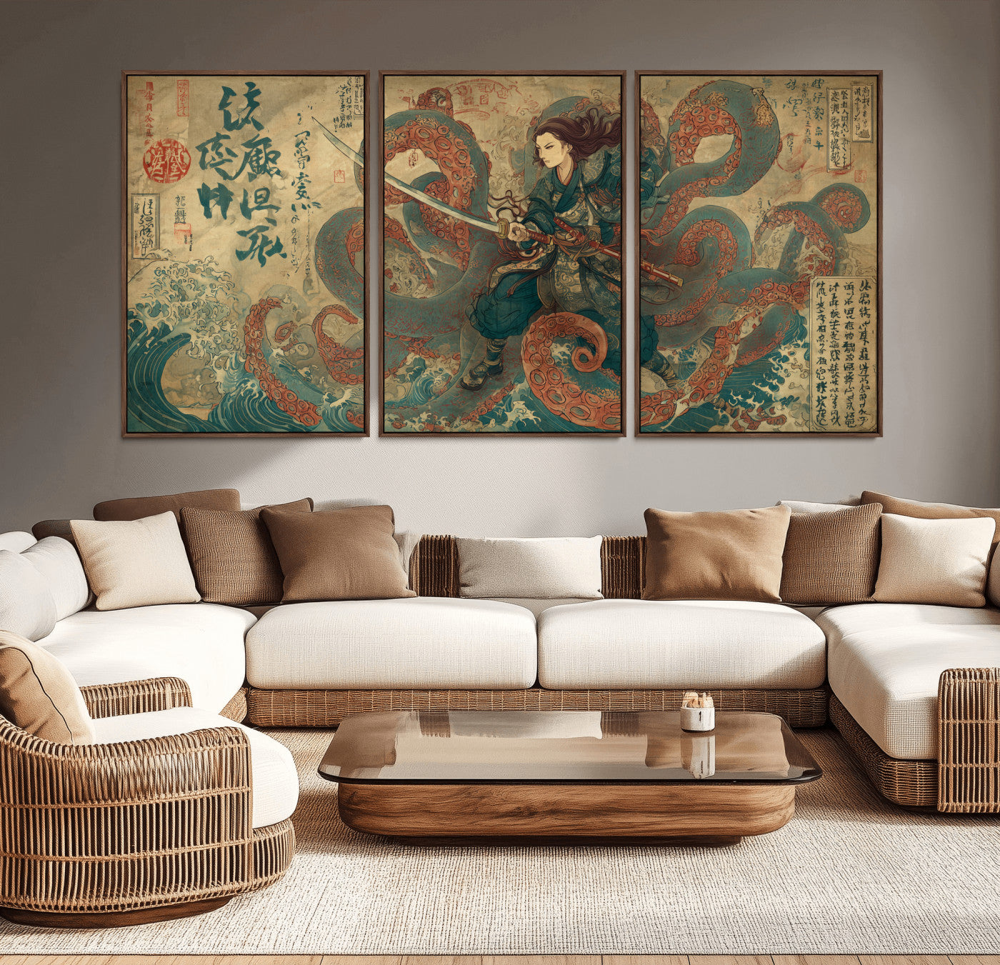 98593115-MGV-CV-36X24-Tsukioka Yoshitoshi Samurai Wall Art Print, Japanese Katana Warrior Canvas Wall Art, Octopus Sea Monster Canvas Print,