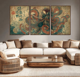 98593115-MGV-CV-36X24-Tsukioka Yoshitoshi Samurai Wall Art Print, Japanese Katana Warrior Canvas Wall Art, Octopus Sea Monster Canvas Print,