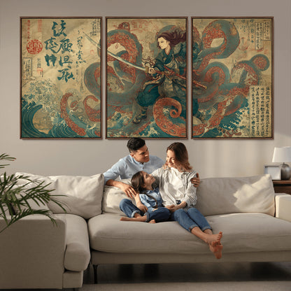 98593115-MGV-CV-36X24-Samurai Warrior vs Octopus Wall Art – Japanese Ukiyo-e Calligraphy Canvas Print, Ocean Battle Scene Artwork for Living Room,