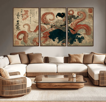 50812504-MGV-CV-36X24-Tsukioka Yoshitoshi Samurai Wall Art Print, Japanese Katana Warrior Canvas Wall Art, Octopus Sea Monster Canvas Print,