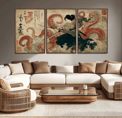 50812504-MGV-CV-36X24-Tsukioka Yoshitoshi Samurai Wall Art Print, Japanese Katana Warrior Canvas Wall Art, Octopus Sea Monster Canvas Print,