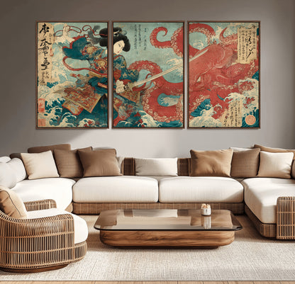 68844327-MGV-CV-36X24-Tsukioka Yoshitoshi Samurai Wall Art Print, Japanese Katana Warrior Canvas Wall Art, Octopus Sea Monster Canvas Print,