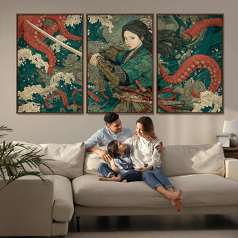 35461724-MGV-CV-36X24-Samurai Woman vs Octopus Wall Art – Japanese Ukiyo-e Ocean Waves Canvas Print, Red Tentacle Battle Artwork for Living Room,