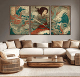 63377977-MGV-CV-36X24-Tsukioka Yoshitoshi Samurai Wall Art Print, Japanese Katana Warrior Canvas Wall Art, Octopus Sea Monster Canvas Print,