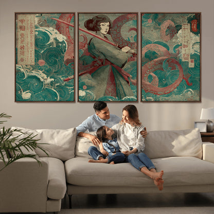 91666601-MGV-CV-36X24-Samurai Woman vs Octopus Wall Art – Japanese Ukiyo-e Green Robe Canvas Print, Ocean Battle Artwork for Living Room, Office, Man