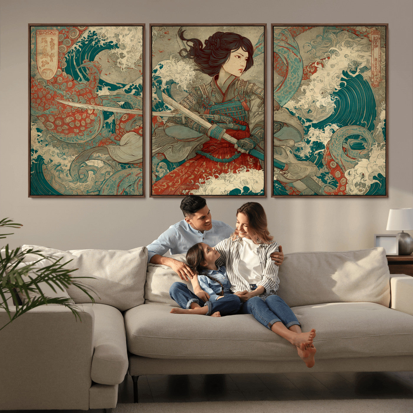37797255-MGV-CV-36X24-Samurai Woman vs Octopus Wall Art – Japanese Ukiyo-e Red Armor Ocean Battle Canvas Print, Warrior Artwork for Living Room, Office,