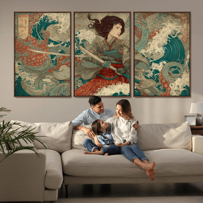 37797255-MGV-CV-36X24-Samurai Woman vs Octopus Wall Art – Japanese Ukiyo-e Red Armor Ocean Battle Canvas Print, Warrior Artwork for Living Room, Office,