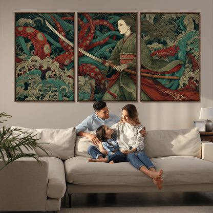 18902796-MGV-CV-36X24-Samurai Woman vs Octopus Wall Art – Japanese Ukiyo-e Green Kimono Canvas Print, Ocean Battle Scene Artwork for Living Room,