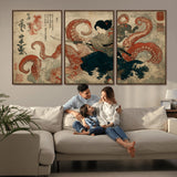 82737246-MGV-CV-36X24-Samurai Woman vs Octopus Wall Art – Japanese Ukiyo-e Dual Sword Canvas Print, Red Tentacle Ocean Battle Artwork for Living Room,
