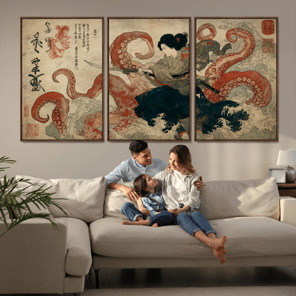 82737246-MGV-CV-36X24-Samurai Woman vs Octopus Wall Art – Japanese Ukiyo-e Dual Sword Canvas Print, Red Tentacle Ocean Battle Artwork for Living Room,