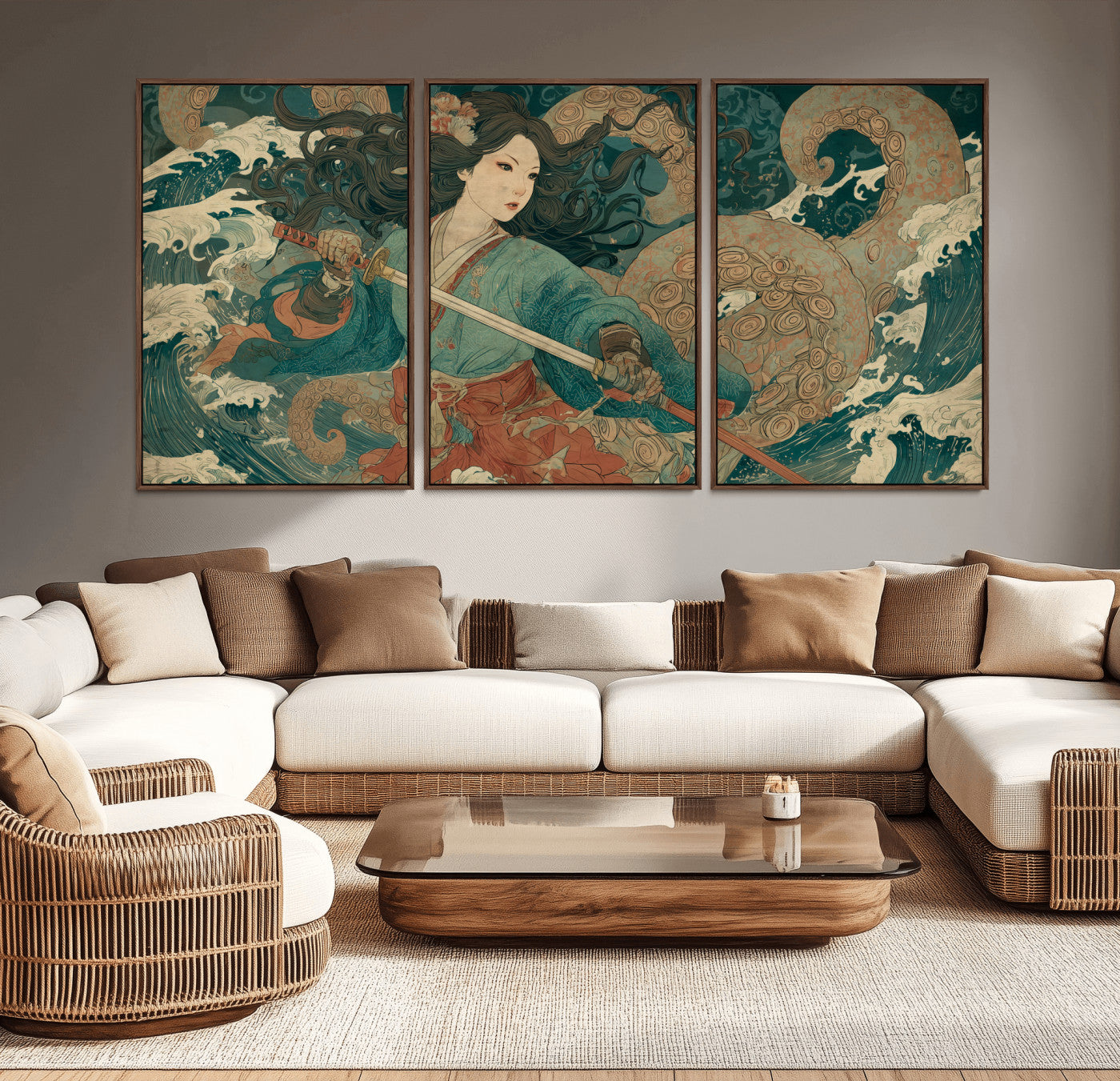 79740258-MGV-CV-36X24-Tsukioka Yoshitoshi Samurai Wall Art Print, Japanese Katana Warrior Canvas Wall Art, Octopus Sea Monster Canvas Print,