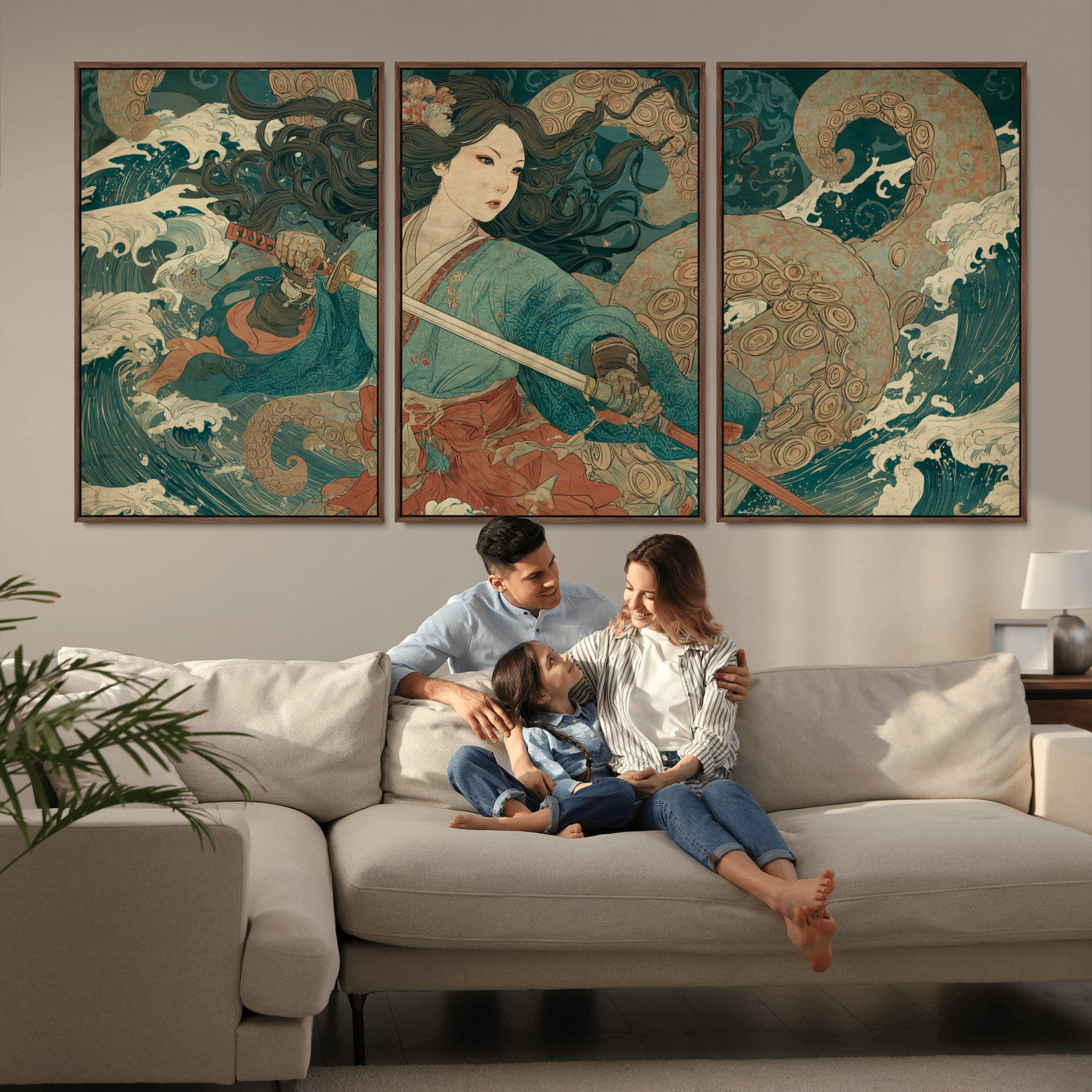 79740258-MGV-CV-36X24-Samurai Woman vs Octopus Wall Art – Japanese Ukiyo-e Blue Kimono Canvas Print, Ocean Battle Artwork for Living Room, Office, Man