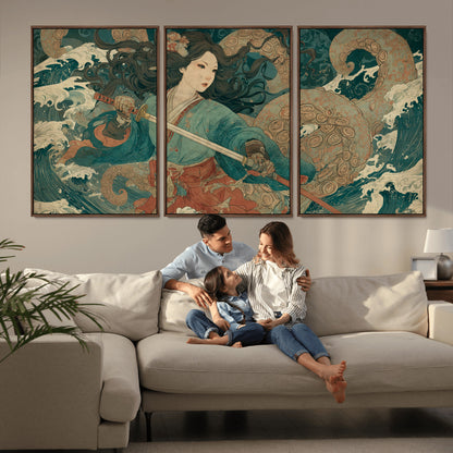 79740258-MGV-CV-36X24-Samurai Woman vs Octopus Wall Art – Japanese Ukiyo-e Blue Kimono Canvas Print, Ocean Battle Artwork for Living Room, Office, Man