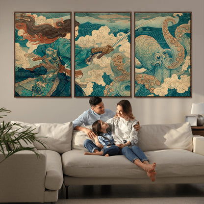 99764195-MGV-CV-36X24-Samurai vs Octopus Wall Art – Japanese Ukiyo-e Style Warrior and Sea Monster Canvas Print, Mythology Inspired Artwork for Living