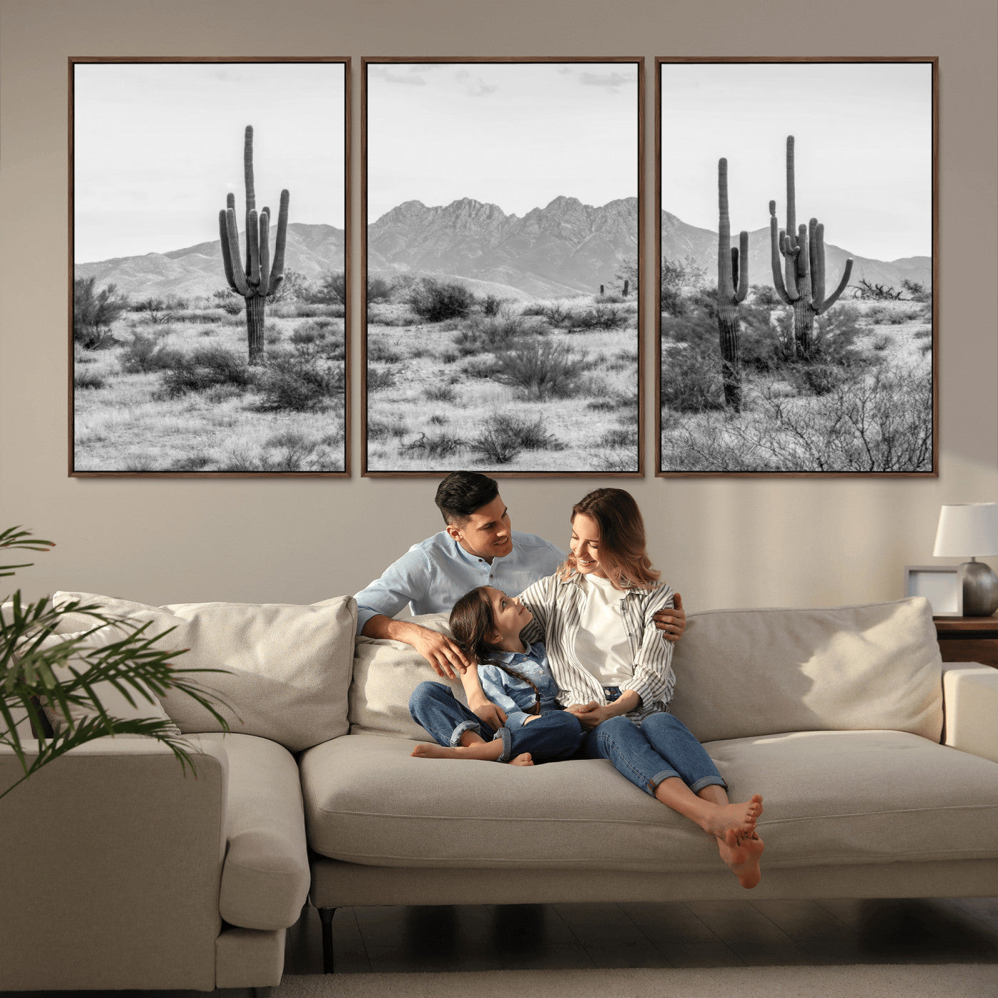 97436PHN-MGV-CV-36X24-Desert Landscape Wall Art – Black and White Cactus and Mountain Canvas Print, Southwestern Nature Photography for Living Room,