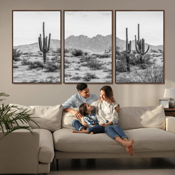 97436PHN-MGV-CV-36X24-Desert Landscape Wall Art – Black and White Cactus and Mountain Canvas Print, Southwestern Nature Photography for Living Room,