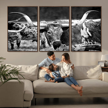 15425553-MGV-CV-36X24-Western Wall Art – Longhorn Cattle Black and White Canvas Print, Rustic Ranch Photography Decor for Bedroom, Living Room, Office,