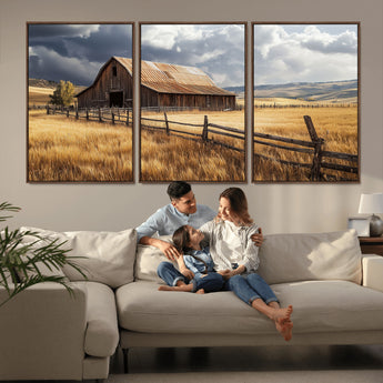 23718739-MGV-CV-36X24-Farmhouse Wall Art – Rustic Barn and Golden Wheat Field Canvas Print, Country Landscape Photography Decor for Bedroom, Living