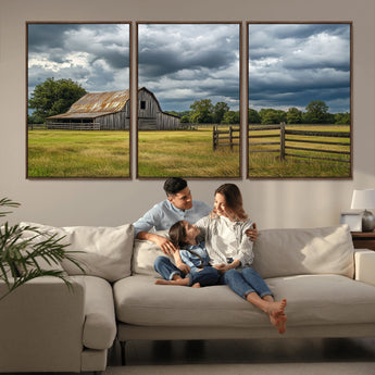 39409517-MGV-CV-36X24-Rustic Barn Wall Art – Weathered Farmhouse and Storm Clouds Canvas Print, Country Landscape Photography Decor for Bedroom, Living