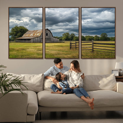 39409517-MGV-CV-36X24-Rustic Barn Wall Art – Weathered Farmhouse and Storm Clouds Canvas Print, Country Landscape Photography Decor for Bedroom, Living