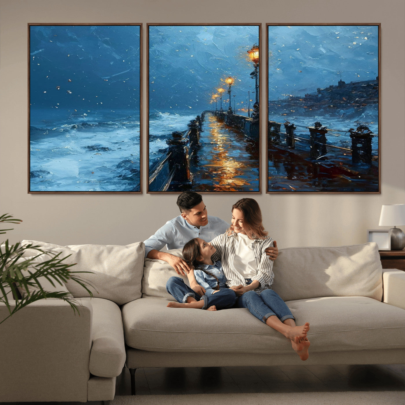 93793246-MGV-CV-36X24-Stormy Night Pier Canvas Wall Art – Moody Ocean Landscape with Lights, Blue Coastal Seascape Print for Bedroom, Living Room,