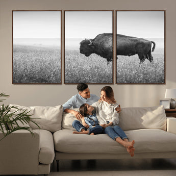 90861202-MGV-CV-36X24-Black and White Bison Canvas Wall Art – Rustic American Buffalo Print, Western Wildlife Photography for Farmhouse, Cabin, Office