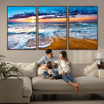 24077769-MGV-CV-36X24-Sunset Beach Wall Art – Ocean Waves Canvas Print, Golden Shoreline Photography Coastal Decor for Living Room, Bedroom, Office,