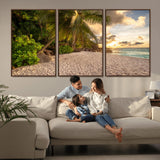 89531159-MGV-CV-36X24-Tropical Beach Sunset Canvas Wall Art – Palm Trees Golden Sand Ocean Waves Coastal Paradise Print for Beach House Bedroom Bathroom