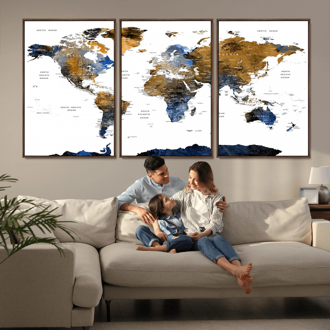 MGV-FC-60X30-3P - World Map Wall Art Canvas Print, Framed Blue Gold Map Art Picture Print, Rustic Atlas Perfect Rustic Modern Decor Artwork