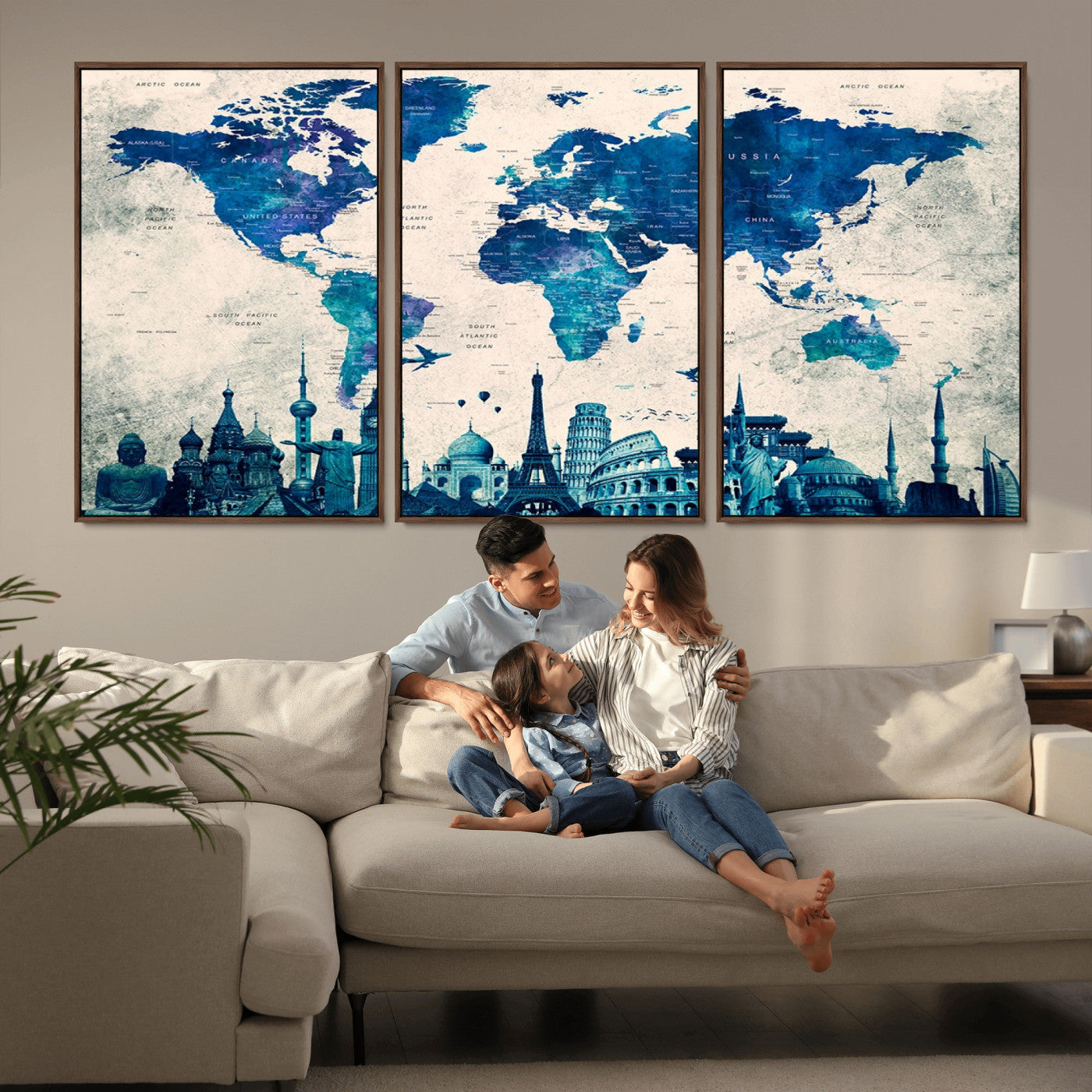 MGV-FC-60X30-3P - Blue World Map Wall Art Canvas Print, Framed Iconic Landmarks Art Picture Print, Blue Globe Map Perfect Elegant Explorer Decor Artwork