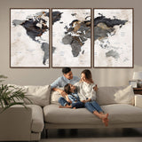 MGV-FC-60X30-3P - World Map Wall Art Canvas Print, Framed Rustic Map Art Picture Print, Antique Map Perfect Rustic Explorer Decor Artwork