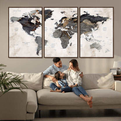 MGV-FC-60X30-3P - World Map Wall Art Canvas Print, Framed Rustic Map Art Picture Print, Antique Map Perfect Rustic Explorer Decor Artwork