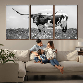 83785-MGV-CV-36X24-Texas Longhorn Wall Art Canvas Print, Framed Horned Bull Art Picture Print, Monochrome Cattle Perfect Rustic Western Decor Artwork