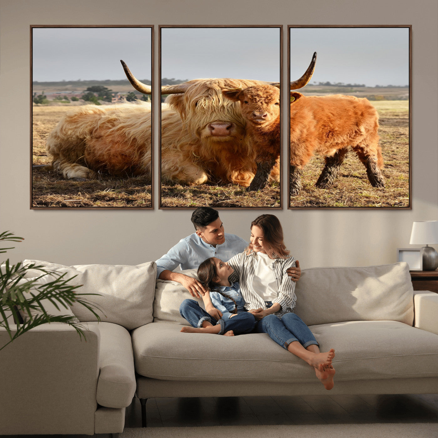 88780-MGV-CV-36X24-Highland Cow Wall Art Canvas Print, Framed Cow Calf Art Picture Print, Scottish Cattle Perfect Rustic Farmhouse Decor Artwork