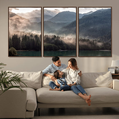 64758-MGV-CV-36X24-Misty Mountains Wall Art Canvas Print, Framed Moody Pines Art Picture Print, Forest Lake Perfect Moody Alpine Decor Artwork