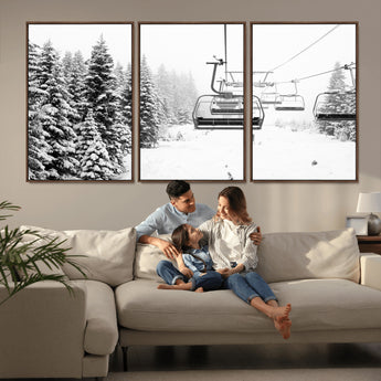 49274-MGV-CV-36X24-Snowy Forest Wall Art Canvas Print, Framed Ski Lift Art Picture Print, Mountain Snow Perfect Minimal Winter Lodge Decor Artwork