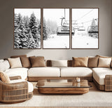 49274-MGV-CV-36X24-Snowy Forest Wall Art Canvas Print, Framed Ski Lift Art Picture Print, Mountain Snow Perfect Minimal Winter Lodge Decor Artwork