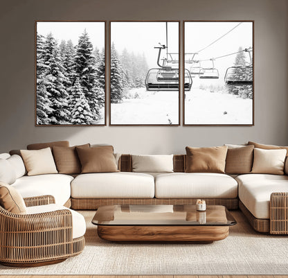 49274-MGV-CV-36X24-Snowy Forest Wall Art Canvas Print, Framed Ski Lift Art Picture Print, Mountain Snow Perfect Minimal Winter Lodge Decor Artwork