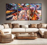 13675-MGV-CV-36X24-Jazz Band Wall Art Canvas Print, Framed Jazz Oil Painting Art Picture Print, Vibrant Music Perfect Abstract Musical Decor Artwork