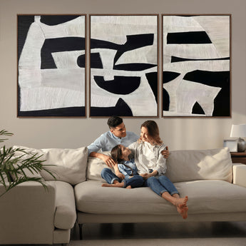 33714-MGV-CV-36X24-Monochrome Design Wall Art Canvas Print, Framed Modern Linework Art Picture Print, Textured Shapes Perfect Monochrome Modern Decor