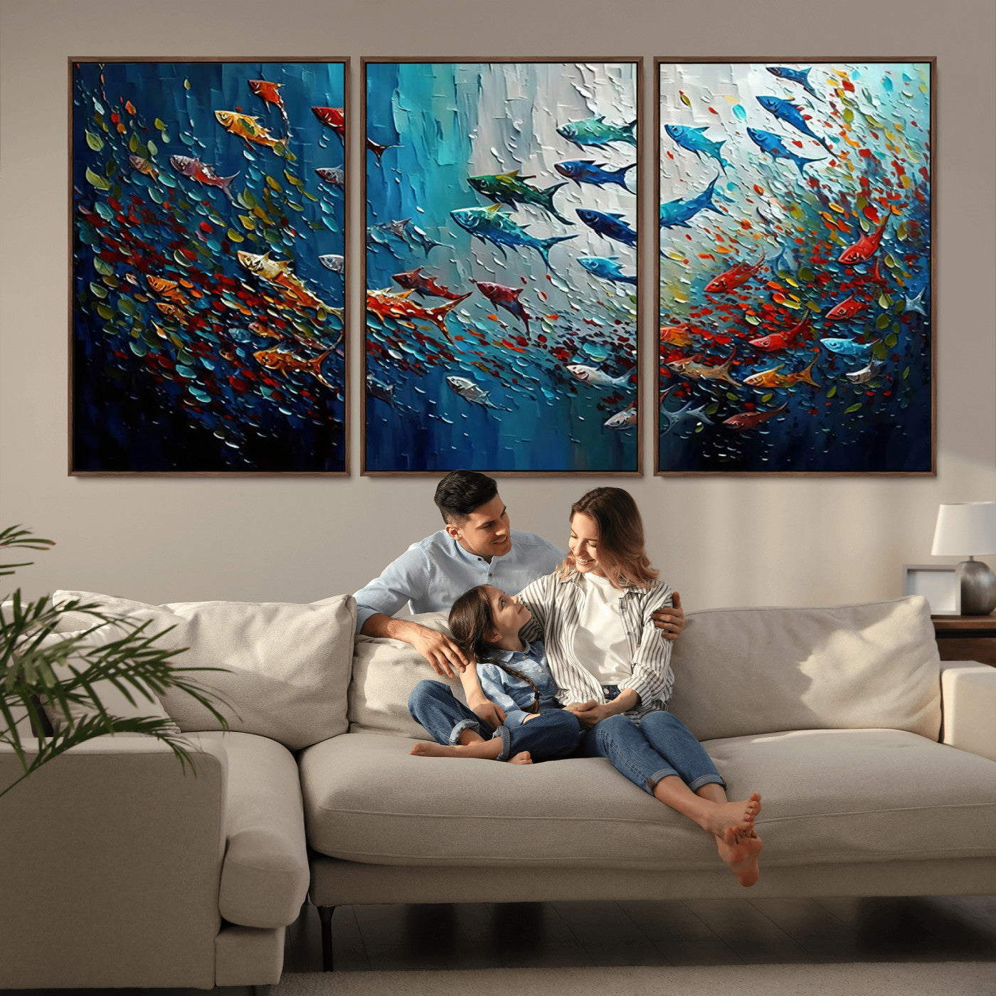 89626-MGV-CV-36X24-Fish Swarm Wall Art Canvas Print, Framed Abstract Ocean Art Picture Print, Underwater Life Perfect Vibrant Coastal Decor Artwork