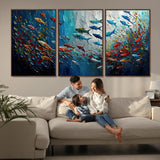 89626-MGV-CV-36X24-Fish Swarm Wall Art Canvas Print, Framed Abstract Ocean Art Picture Print, Underwater Life Perfect Vibrant Coastal Decor Artwork