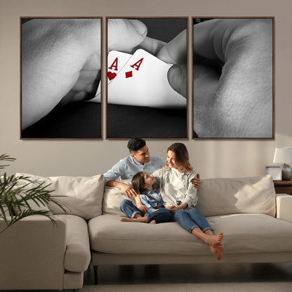 62460-MGV-CV-36X24-Poker Game Wall Art – Close Up of Hands Holding Aces with Chips, Casino Style Decor for Game Room, Man Cave or Office