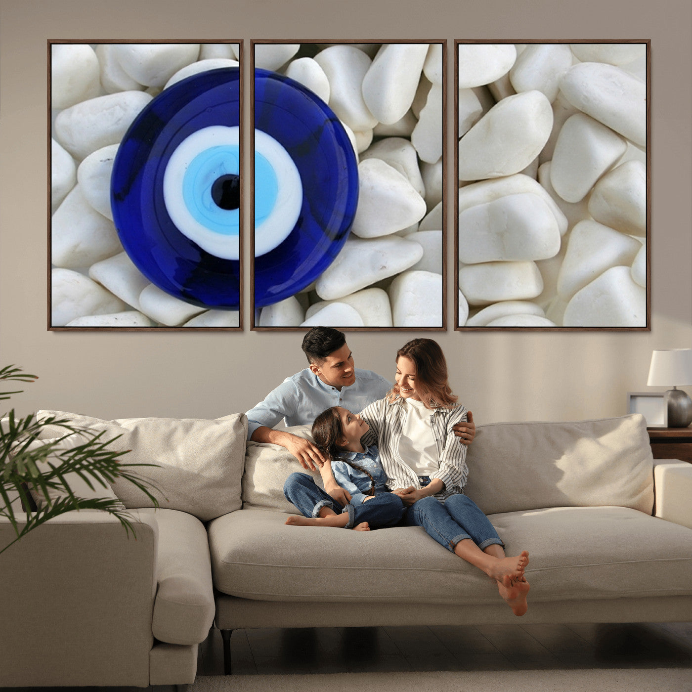 48883-MGV-CV-36X24-Evil Eye Wall Art – Deep Blue Symbol of Presence and Calm on White Stones, Subtle Spiritual Decor for Entryway, Studio, Office or