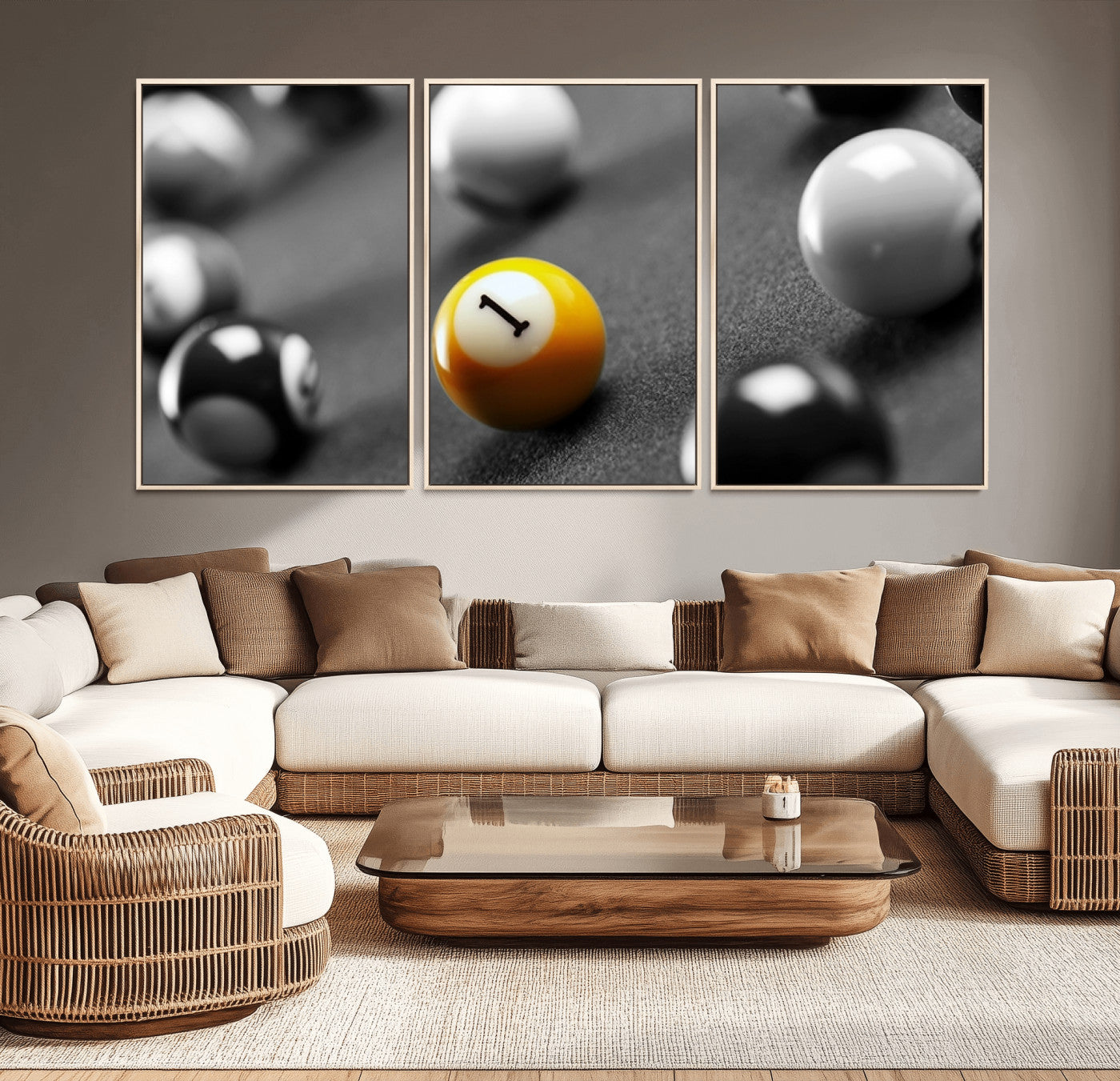 52108-MGV-FC-60X30-3P_Natural-Precision Pool Table Wall Art – Close Up Yellow 1 Ball Canvas Print, Hand-Played Billiards Game Decor for Office, Game Room, or