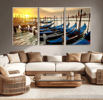 25872-MGV-CV-36X24-Venetian Gondola Dock Wall Art – Serene Sunset Canal Canvas Print, Tranquil Water Travel Decor for Office, Living Room, or Man