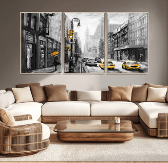 32362-MGV-CV-36X24-NYC Street Wall Art – Black and White Cityscape with Yellow Taxis and Umbrella Canvas Print, Urban Home Decor for Living Room or