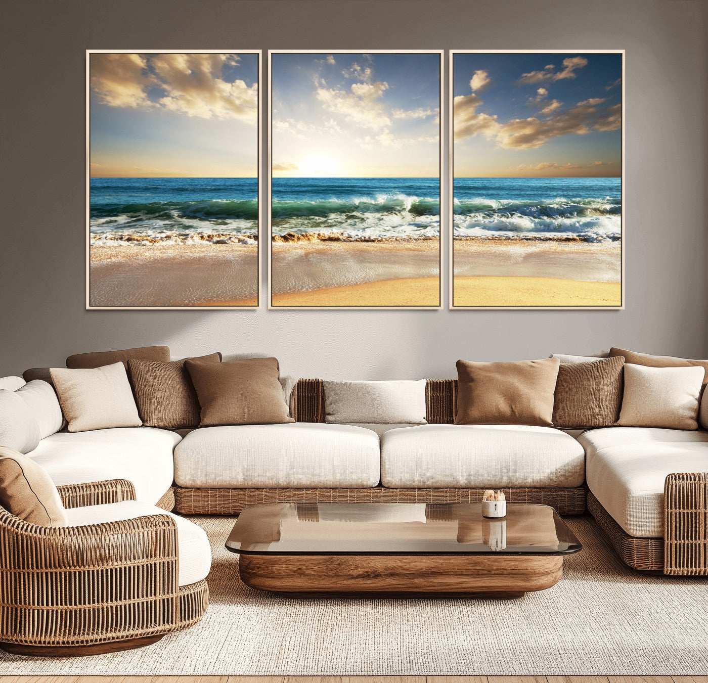 13139-MGV-CV-36X24-Sunrise Beach Wall Art – Ocean Waves and Golden Sand Canvas Print, Coastal Home Decor for Living Room, Bedroom, or Office