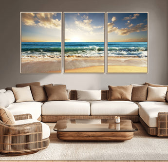 13139-MGV-CV-36X24-Sunrise Beach Wall Art – Ocean Waves and Golden Sand Canvas Print, Coastal Home Decor for Living Room, Bedroom, or Office